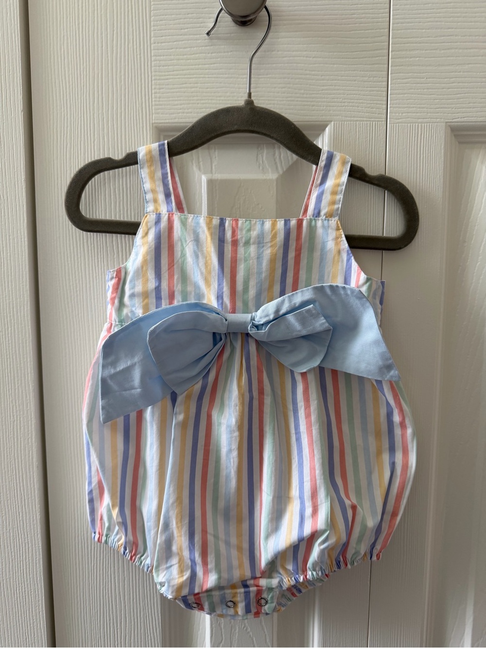 Stitchy Fish Pastel Stripe Bubble Romper with Light Blue Bow